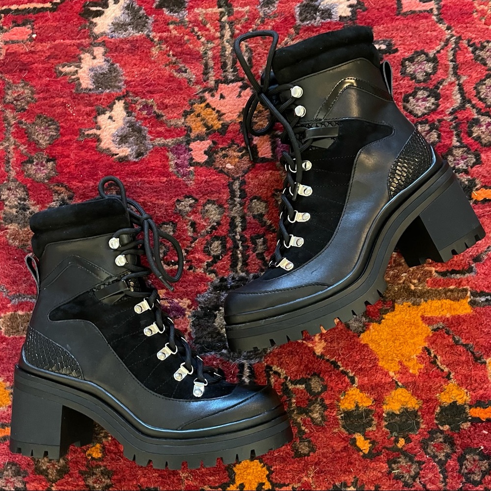 Gianni Bini Black Lugged Block Heel Combat Booties